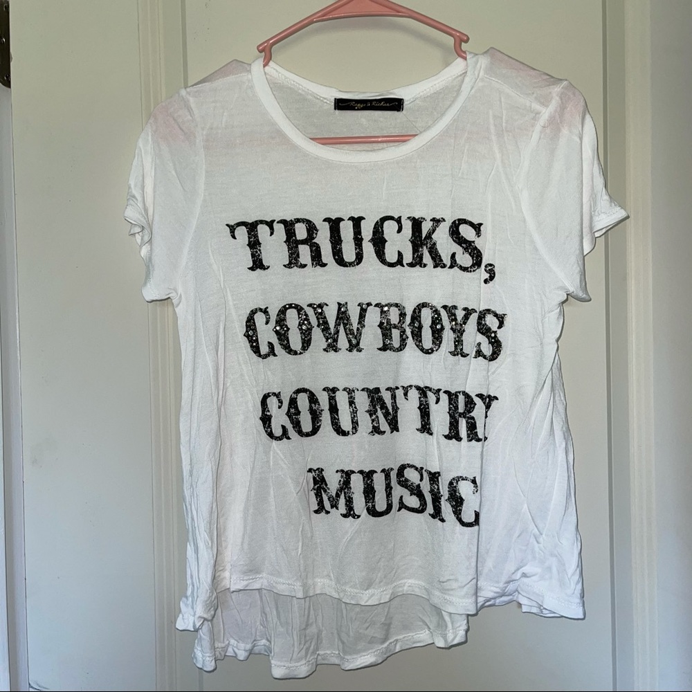 “Trucks Cowboys Country Music” sheer t-shirt